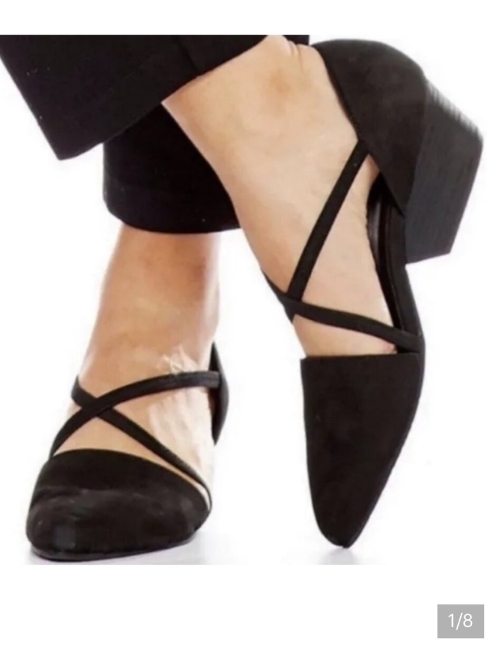 Eileen Fisher Poet d'Orsay black suede elastic straps crossing pumps minimalist